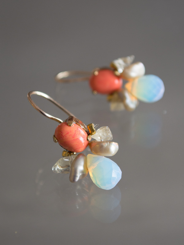 earrings Bee coral, pearls and opalite